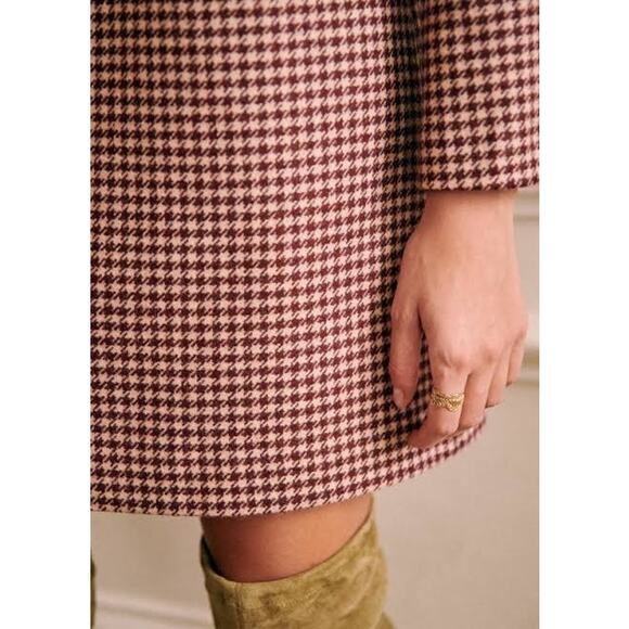 Sezane Erza Burgundy Mini Houndstooth Wool Button Shoulder Mini Dress EU 34 US 2 - Picture 3 of 10